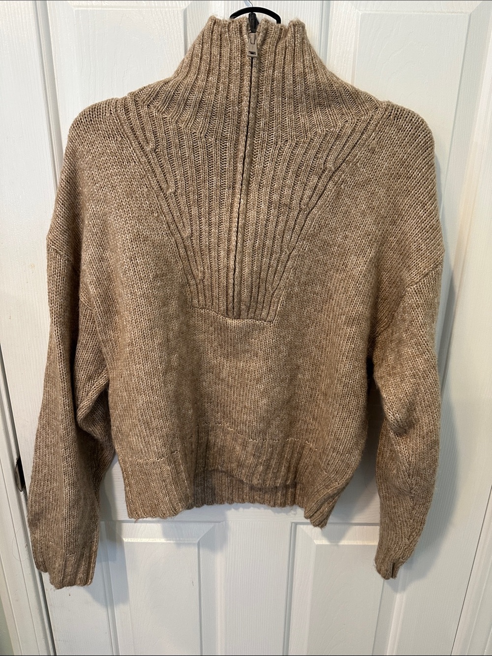 American Eagle Outfitters Taupe Ribbed Half-Zip Turtleneck Sweater